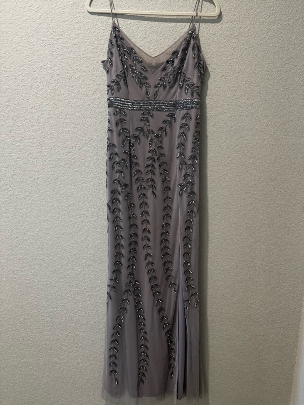 Adrianna Papell Lavender Sequin Leaf-Embellished Gown